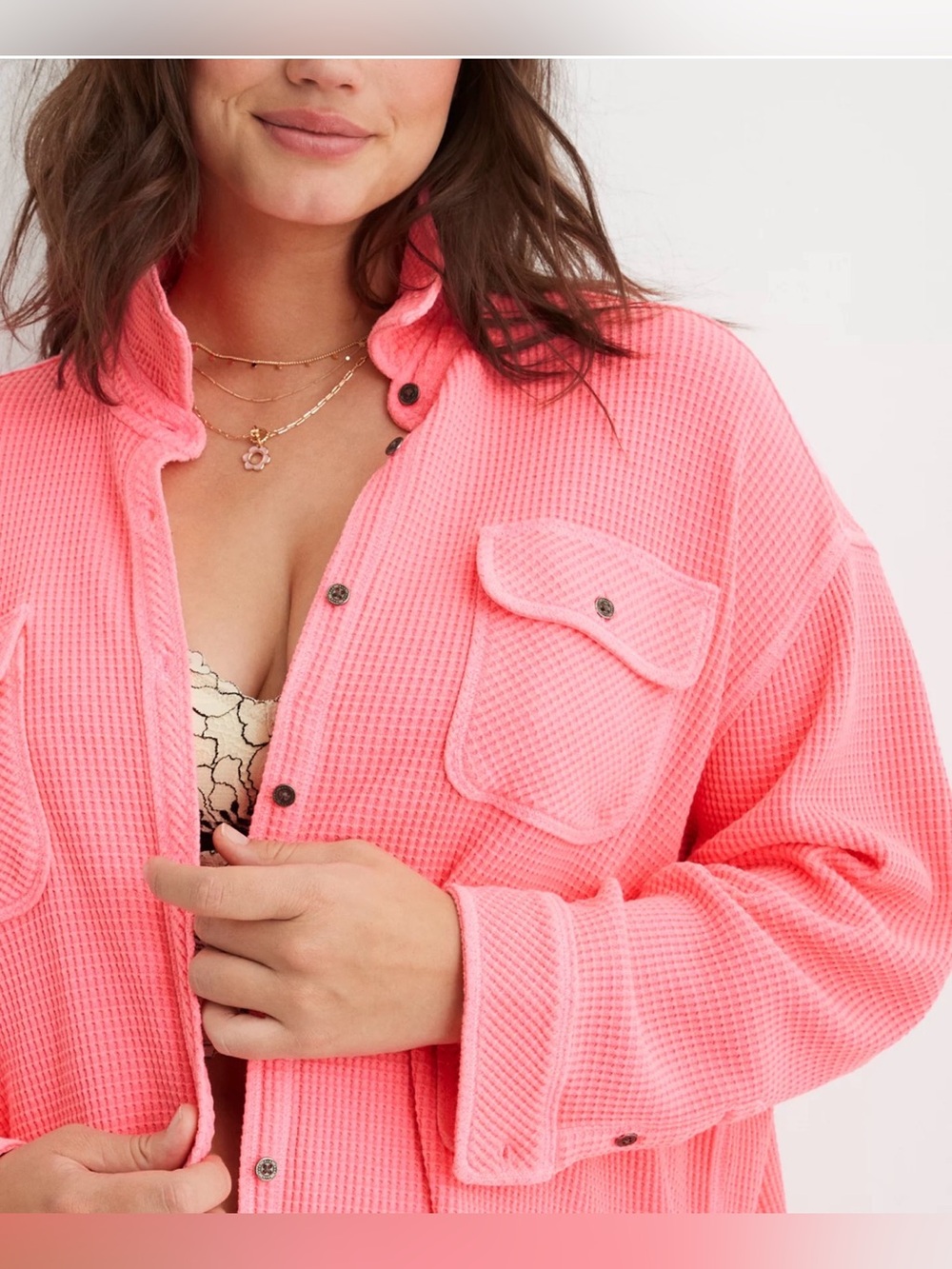 Aerie Lumber Jane Waffle Shirt in Coral Sun